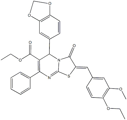 ethyl 5-(1,3-benzodioxol-5-yl)-2-(4-ethoxy-3-methoxybenzylidene)-3-oxo-7-phenyl-2,3-dihydro-5H-[1,3]thiazolo[3,2-a]pyrimidine-6-carboxylate Struktur