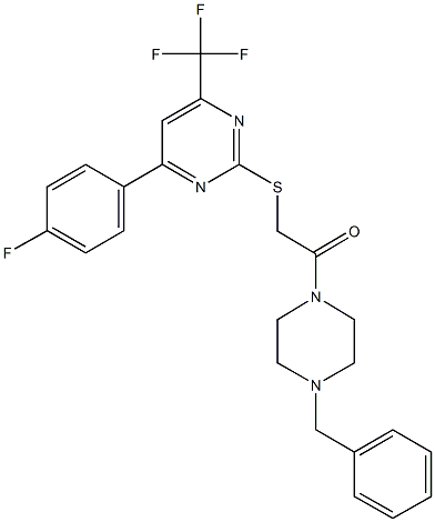 2-(4-benzyl-1-piperazinyl)-2-oxoethyl 4-(4-fluorophenyl)-6-(trifluoromethyl)-2-pyrimidinyl sulfide Struktur