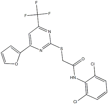 N-(2,6-dichlorophenyl)-2-{[4-(2-furyl)-6-(trifluoromethyl)-2-pyrimidinyl]sulfanyl}acetamide Struktur