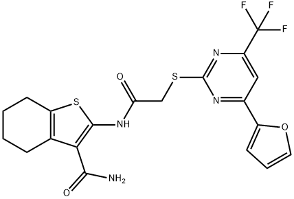 2-[({[4-(2-furyl)-6-(trifluoromethyl)-2-pyrimidinyl]sulfanyl}acetyl)amino]-4,5,6,7-tetrahydro-1-benzothiophene-3-carboxamide Struktur