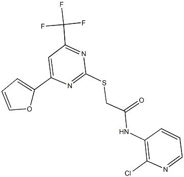 N-(2-chloro-3-pyridinyl)-2-{[4-(2-furyl)-6-(trifluoromethyl)-2-pyrimidinyl]sulfanyl}acetamide Struktur