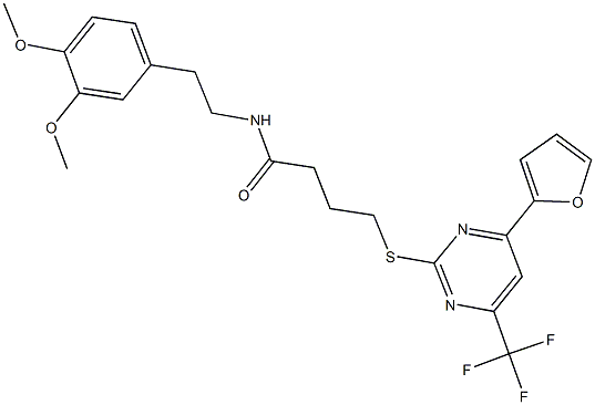 N-[2-(3,4-dimethoxyphenyl)ethyl]-4-{[4-(2-furyl)-6-(trifluoromethyl)-2-pyrimidinyl]sulfanyl}butanamide Struktur