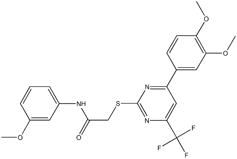 2-{[4-(3,4-dimethoxyphenyl)-6-(trifluoromethyl)-2-pyrimidinyl]sulfanyl}-N-(3-methoxyphenyl)acetamide Struktur