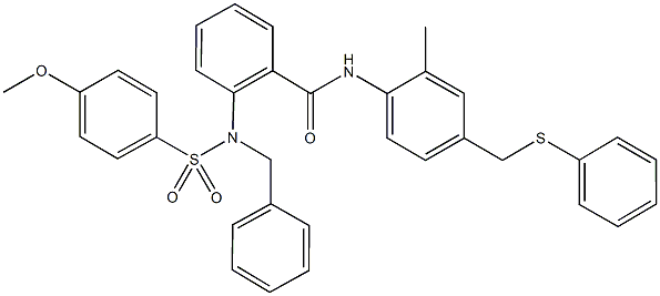 2-{benzyl[(4-methoxyphenyl)sulfonyl]amino}-N-{2-methyl-4-[(phenylsulfanyl)methyl]phenyl}benzamide Struktur