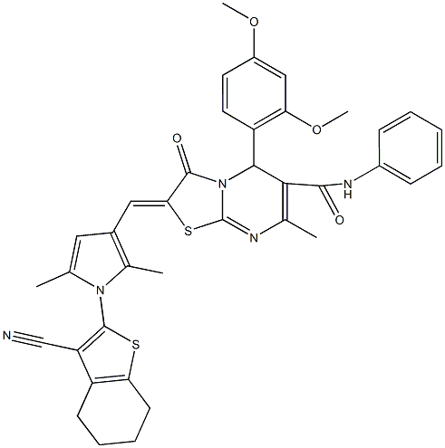 2-{[1-(3-cyano-4,5,6,7-tetrahydro-1-benzothien-2-yl)-2,5-dimethyl-1H-pyrrol-3-yl]methylene}-5-(2,4-dimethoxyphenyl)-7-methyl-3-oxo-N-phenyl-2,3-dihydro-5H-[1,3]thiazolo[3,2-a]pyrimidine-6-carboxamide Struktur