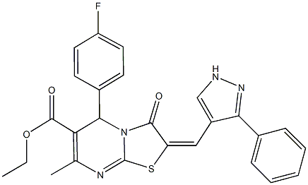 ethyl 5-(4-fluorophenyl)-7-methyl-3-oxo-2-[(3-phenyl-1H-pyrazol-4-yl)methylene]-2,3-dihydro-5H-[1,3]thiazolo[3,2-a]pyrimidine-6-carboxylate Struktur