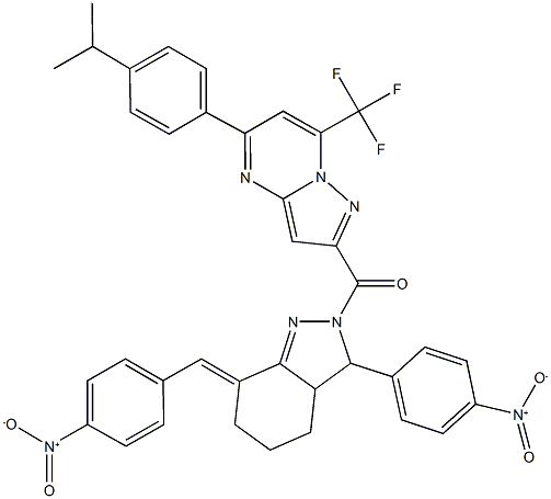 2-[(7-{4-nitrobenzylidene}-3-{4-nitrophenyl}-3,3a,4,5,6,7-hexahydro-2H-indazol-2-yl)carbonyl]-5-(4-isopropylphenyl)-7-(trifluoromethyl)pyrazolo[1,5-a]pyrimidine Struktur