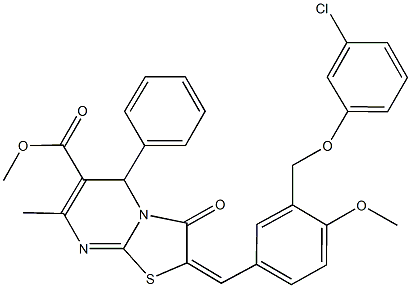 methyl 2-{3-[(3-chlorophenoxy)methyl]-4-methoxybenzylidene}-7-methyl-3-oxo-5-phenyl-2,3-dihydro-5H-[1,3]thiazolo[3,2-a]pyrimidine-6-carboxylate Struktur