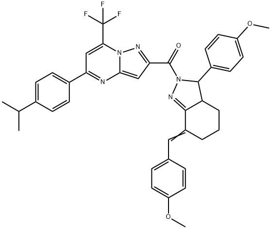 5-(4-isopropylphenyl)-2-{[7-(4-methoxybenzylidene)-3-(4-methoxyphenyl)-3,3a,4,5,6,7-hexahydro-2H-indazol-2-yl]carbonyl}-7-(trifluoromethyl)pyrazolo[1,5-a]pyrimidine Struktur