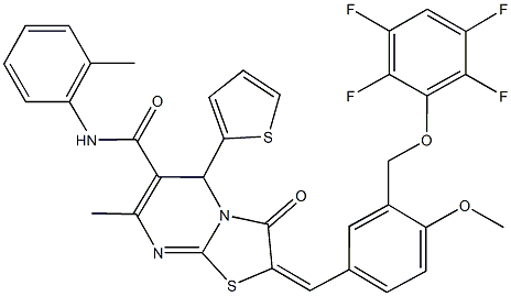 2-{4-methoxy-3-[(2,3,5,6-tetrafluorophenoxy)methyl]benzylidene}-7-methyl-N-(2-methylphenyl)-3-oxo-5-(2-thienyl)-2,3-dihydro-5H-[1,3]thiazolo[3,2-a]pyrimidine-6-carboxamide Struktur