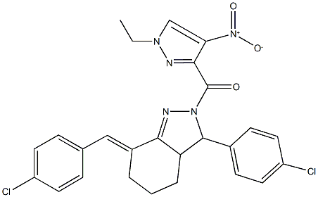 7-(4-chlorobenzylidene)-3-(4-chlorophenyl)-2-({1-ethyl-4-nitro-1H-pyrazol-3-yl}carbonyl)-3,3a,4,5,6,7-hexahydro-2H-indazole Struktur