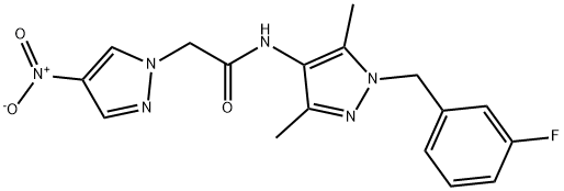 N-[1-(3-fluorobenzyl)-3,5-dimethyl-1H-pyrazol-4-yl]-2-{4-nitro-1H-pyrazol-1-yl}acetamide Struktur