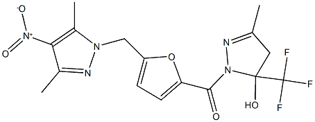 1-[5-({4-nitro-3,5-dimethyl-1H-pyrazol-1-yl}methyl)-2-furoyl]-3-methyl-5-(trifluoromethyl)-4,5-dihydro-1H-pyrazol-5-ol Struktur