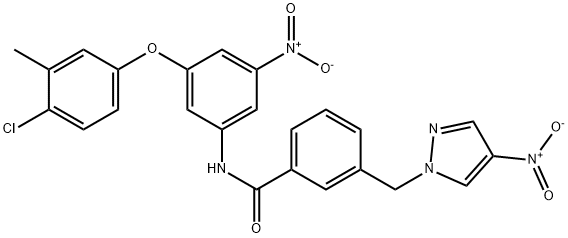 N-{3-(4-chloro-3-methylphenoxy)-5-nitrophenyl}-3-({4-nitro-1H-pyrazol-1-yl}methyl)benzamide Struktur