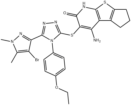 4-amino-3-{[5-(4-bromo-1,5-dimethyl-1H-pyrazol-3-yl)-4-(4-ethoxyphenyl)-4H-1,2,4-triazol-3-yl]sulfanyl}-6,7-dihydro-5H-cyclopenta[4,5]thieno[2,3-b]pyridin-2-ol Struktur