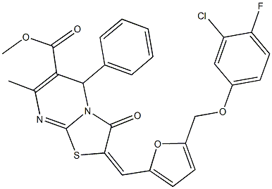 methyl 2-({5-[(3-chloro-4-fluorophenoxy)methyl]-2-furyl}methylene)-7-methyl-3-oxo-5-phenyl-2,3-dihydro-5H-[1,3]thiazolo[3,2-a]pyrimidine-6-carboxylate Struktur