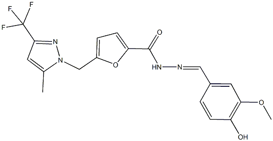 N'-(4-hydroxy-3-methoxybenzylidene)-5-{[5-methyl-3-(trifluoromethyl)-1H-pyrazol-1-yl]methyl}-2-furohydrazide Struktur