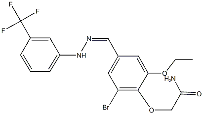 2-(2-bromo-6-ethoxy-4-{2-[3-(trifluoromethyl)phenyl]carbohydrazonoyl}phenoxy)acetamide Struktur