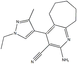 2-amino-4-(1-ethyl-3-methyl-1H-pyrazol-4-yl)-6,7,8,9-tetrahydro-5H-cyclohepta[b]pyridine-3-carbonitrile Struktur