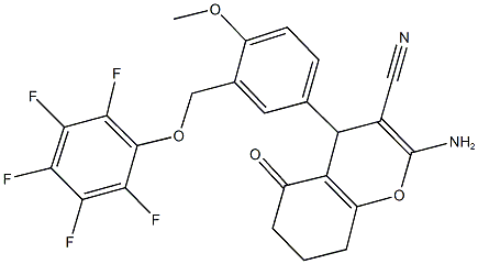 2-amino-4-{4-methoxy-3-[(2,3,4,5,6-pentafluorophenoxy)methyl]phenyl}-5-oxo-5,6,7,8-tetrahydro-4H-chromene-3-carbonitrile Struktur