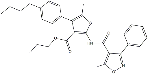 propyl 4-(4-butylphenyl)-5-methyl-2-{[(5-methyl-3-phenyl-4-isoxazolyl)carbonyl]amino}-3-thiophenecarboxylate Struktur