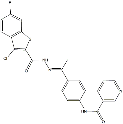 N-(4-{N-[(3-chloro-6-fluoro-1-benzothien-2-yl)carbonyl]ethanehydrazonoyl}phenyl)nicotinamide Struktur