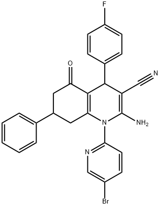 2-amino-1-(5-bromopyridin-2-yl)-4-(4-fluorophenyl)-5-oxo-7-phenyl-1,4,5,6,7,8-hexahydroquinoline-3-carbonitrile Struktur