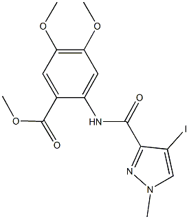 methyl 2-{[(4-iodo-1-methyl-1H-pyrazol-3-yl)carbonyl]amino}-4,5-dimethoxybenzoate Struktur