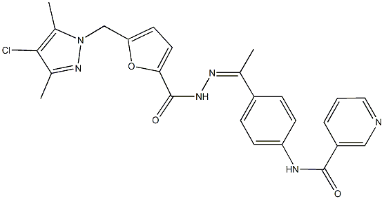 N-[4-(N-{5-[(4-chloro-3,5-dimethyl-1H-pyrazol-1-yl)methyl]-2-furoyl}ethanehydrazonoyl)phenyl]nicotinamide Struktur