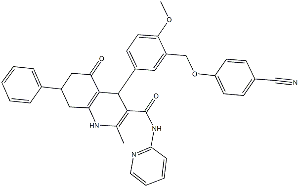 4-{3-[(4-cyanophenoxy)methyl]-4-methoxyphenyl}-2-methyl-5-oxo-7-phenyl-N-(2-pyridinyl)-1,4,5,6,7,8-hexahydro-3-quinolinecarboxamide Struktur