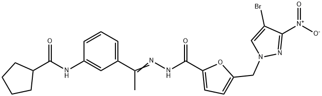 N-(3-{N-[5-({4-bromo-3-nitro-1H-pyrazol-1-yl}methyl)-2-furoyl]ethanehydrazonoyl}phenyl)cyclopentanecarboxamide Struktur