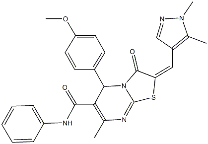 2-[(1,5-dimethyl-1H-pyrazol-4-yl)methylene]-5-(4-methoxyphenyl)-7-methyl-3-oxo-N-phenyl-2,3-dihydro-5H-[1,3]thiazolo[3,2-a]pyrimidine-6-carboxamide Struktur