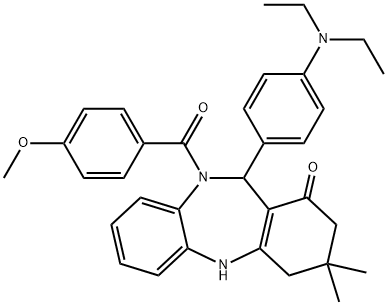 11-[4-(diethylamino)phenyl]-10-(4-methoxybenzoyl)-3,3-dimethyl-2,3,4,5,10,11-hexahydro-1H-dibenzo[b,e][1,4]diazepin-1-one Struktur