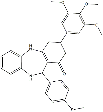 11-[4-(methylsulfanyl)phenyl]-3-(3,4,5-trimethoxyphenyl)-2,3,4,5,10,11-hexahydro-1H-dibenzo[b,e][1,4]diazepin-1-one Struktur