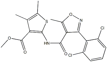 methyl 2-({[3-(2,6-dichlorophenyl)-5-methyl-4-isoxazolyl]carbonyl}amino)-4,5-dimethyl-3-thiophenecarboxylate Struktur