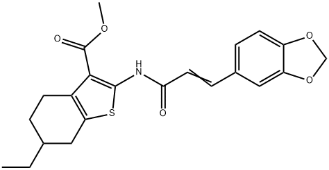 methyl 2-{[3-(1,3-benzodioxol-5-yl)acryloyl]amino}-6-ethyl-4,5,6,7-tetrahydro-1-benzothiophene-3-carboxylate Struktur