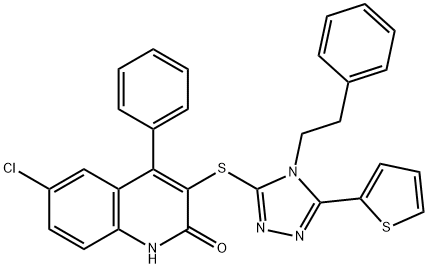 6-chloro-4-phenyl-3-{[4-(2-phenylethyl)-5-(2-thienyl)-4H-1,2,4-triazol-3-yl]sulfanyl}-2(1H)-quinolinone Struktur