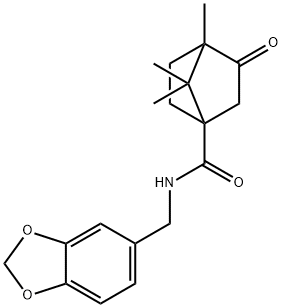 N-(1,3-benzodioxol-5-ylmethyl)-4,7,7-trimethyl-3-oxobicyclo[2.2.1]heptane-1-carboxamide Struktur