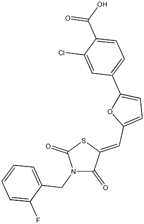 2-chloro-4-(5-{[3-(2-fluorobenzyl)-2,4-dioxo-1,3-thiazolidin-5-ylidene]methyl}-2-furyl)benzoic acid Struktur