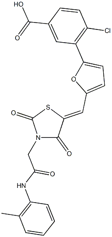 4-chloro-3-[5-({2,4-dioxo-3-[2-oxo-2-(2-toluidino)ethyl]-1,3-thiazolidin-5-ylidene}methyl)-2-furyl]benzoic acid Struktur