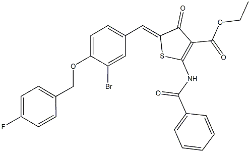 ethyl 2-(benzoylamino)-5-{3-bromo-4-[(4-fluorobenzyl)oxy]benzylidene}-4-oxo-4,5-dihydro-3-thiophenecarboxylate Struktur