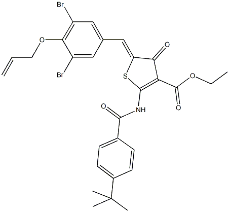 ethyl 5-[4-(allyloxy)-3,5-dibromobenzylidene]-2-[(4-tert-butylbenzoyl)amino]-4-oxo-4,5-dihydro-3-thiophenecarboxylate Struktur