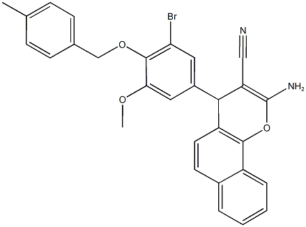 2-amino-4-{3-bromo-5-methoxy-4-[(4-methylbenzyl)oxy]phenyl}-4H-benzo[h]chromene-3-carbonitrile Struktur