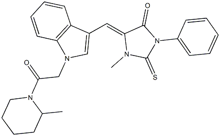 1-methyl-5-({1-[2-(2-methyl-1-piperidinyl)-2-oxoethyl]-1H-indol-3-yl}methylene)-3-phenyl-2-thioxo-4-imidazolidinone Struktur