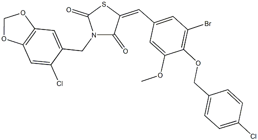 5-{3-bromo-4-[(4-chlorobenzyl)oxy]-5-methoxybenzylidene}-3-[(6-chloro-1,3-benzodioxol-5-yl)methyl]-1,3-thiazolidine-2,4-dione Struktur