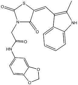 N-(1,3-benzodioxol-5-yl)-2-{5-[(2-methyl-1H-indol-3-yl)methylene]-2,4-dioxo-1,3-thiazolidin-3-yl}acetamide Struktur