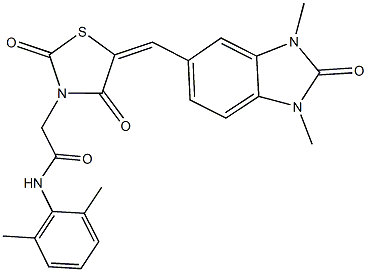 2-{5-[(1,3-dimethyl-2-oxo-2,3-dihydro-1H-benzimidazol-5-yl)methylene]-2,4-dioxo-1,3-thiazolidin-3-yl}-N-(2,6-dimethylphenyl)acetamide Struktur