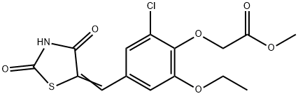 methyl {2-chloro-4-[(2,4-dioxo-1,3-thiazolidin-5-ylidene)methyl]-6-ethoxyphenoxy}acetate Struktur