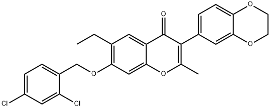 7-[(2,4-dichlorobenzyl)oxy]-3-(2,3-dihydro-1,4-benzodioxin-6-yl)-6-ethyl-2-methyl-4H-chromen-4-one Struktur