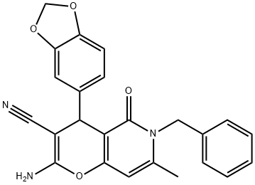 2-amino-4-(1,3-benzodioxol-5-yl)-6-benzyl-7-methyl-5-oxo-5,6-dihydro-4H-pyrano[3,2-c]pyridine-3-carbonitrile Struktur